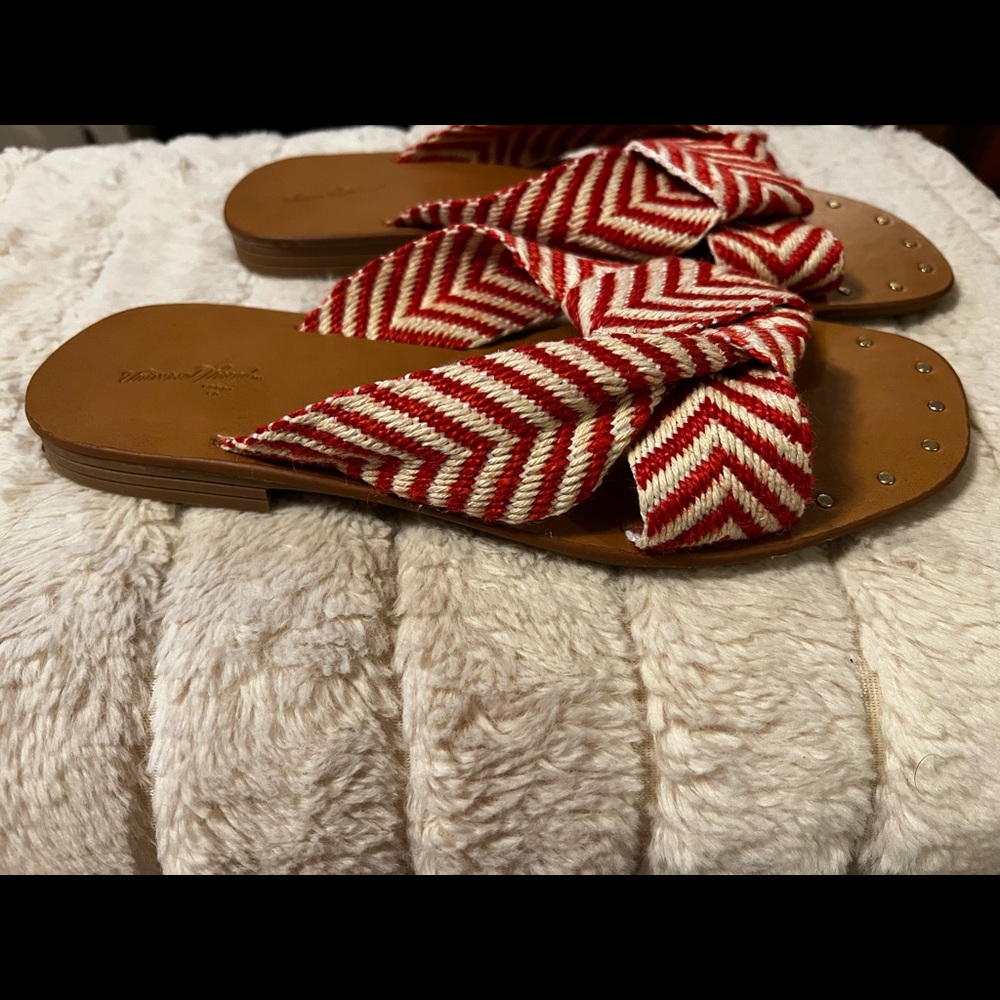 Red and white knit sandals